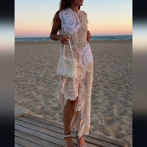 RARE ZARA LIMITED EDITION NWT CROCHET KNIT ASYMMETRICAL DRESS  Beige - Picture 5 of 13